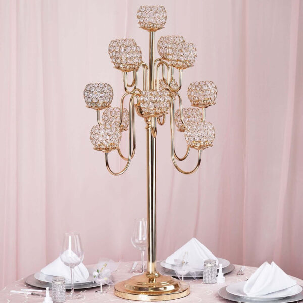 40” Tall 13 Arm Gold Metal Crystal Beaded Candelabra Candle Holders, Goblet Votive Candle Holders