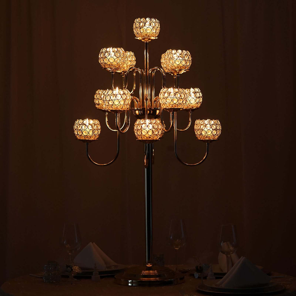 40” Tall 13 Arm Gold Metal Crystal Beaded Candelabra Candle Holders, Goblet Votive Candle Holders