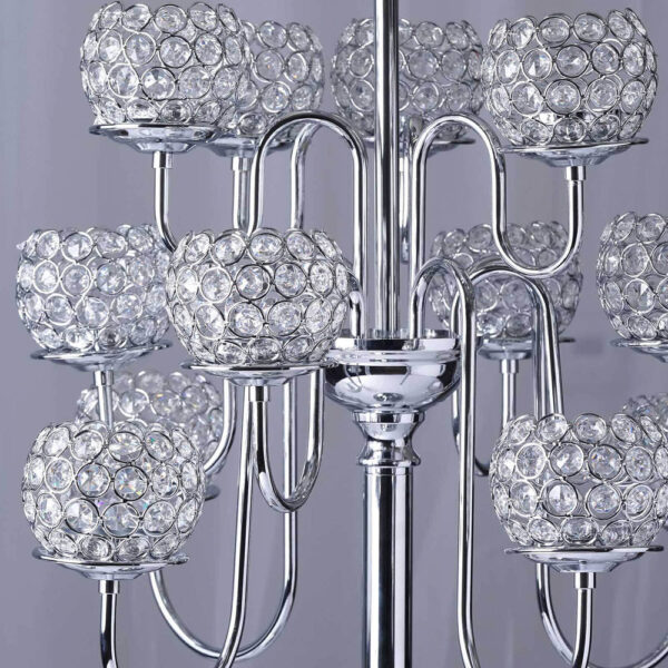 40” Tall 13 Arm Silver Metal Crystal Beaded Candelabra Candle Holders, Goblet Votive Candle Holders