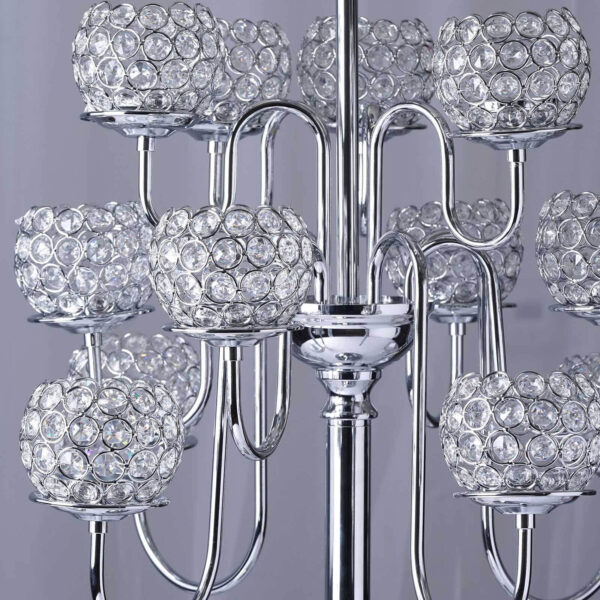 40” Tall 13 Arm Silver Metal Crystal Beaded Candelabra Candle Holders, Goblet Votive Candle Holders