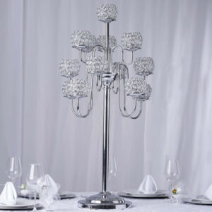 40” Tall 13 Arm Silver Metal Crystal Beaded Candelabra Candle Holders, Goblet Votive Candle Holders