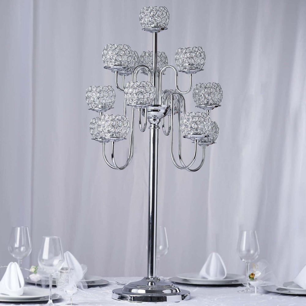 40” Tall 13 Arm Silver Metal Crystal Beaded Candelabra Candle Holders, Goblet Votive Candle Holders
