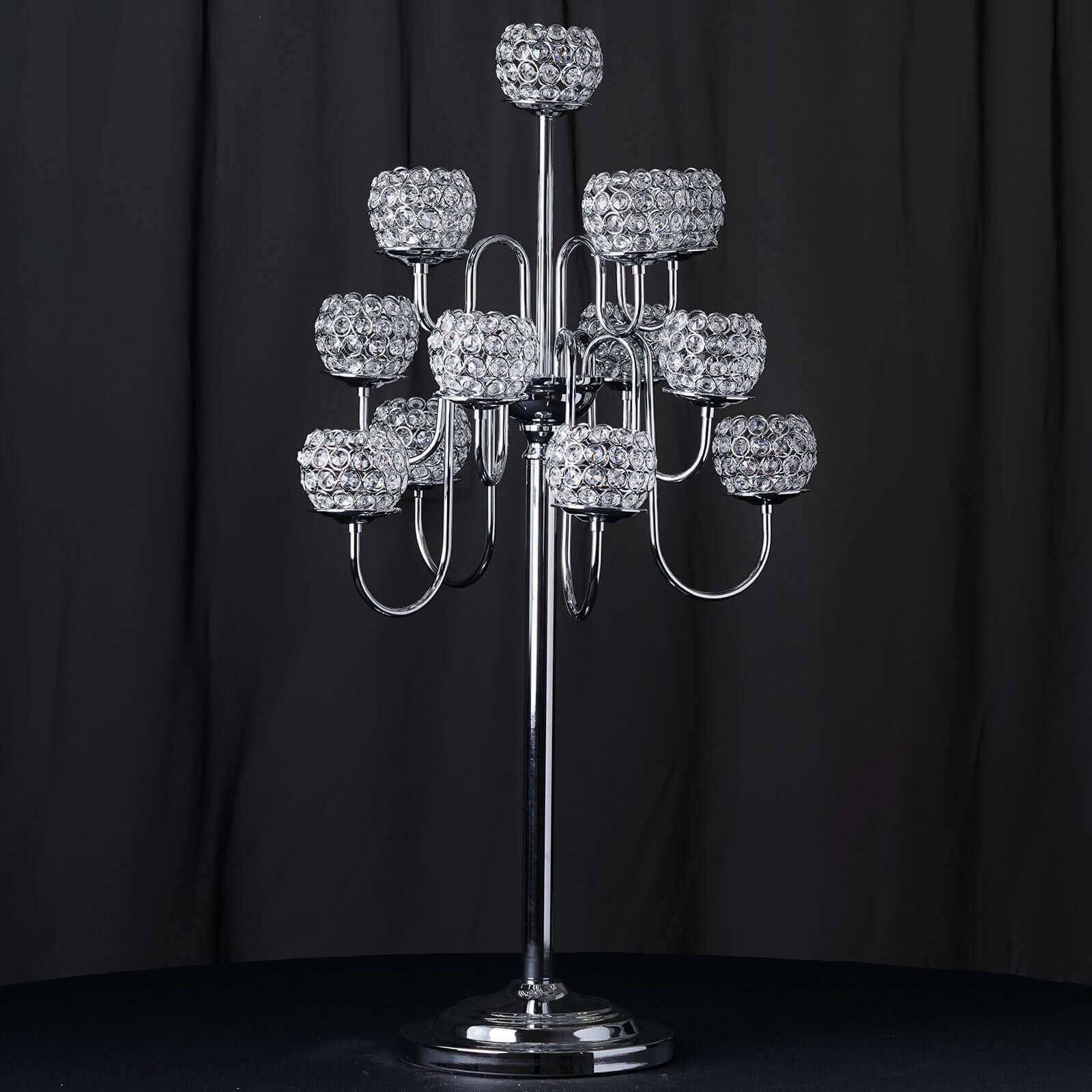 40” Tall 13 Arm Silver Metal Crystal Beaded Candelabra Candle Holders, Goblet Votive Candle Holders