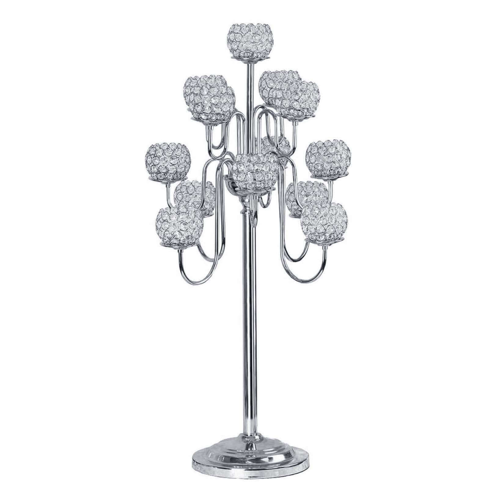 40” Tall 13 Arm Silver Metal Crystal Beaded Candelabra Candle Holders, Goblet Votive Candle Holders