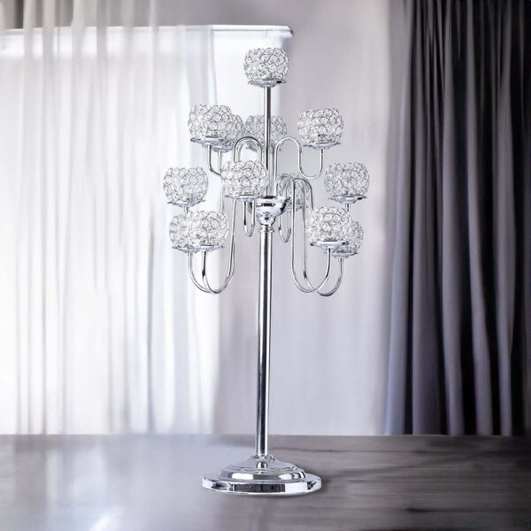 40” Tall 13 Arm Silver Metal Crystal Beaded Candelabra Candle Holders, Goblet Votive Candle Holders
