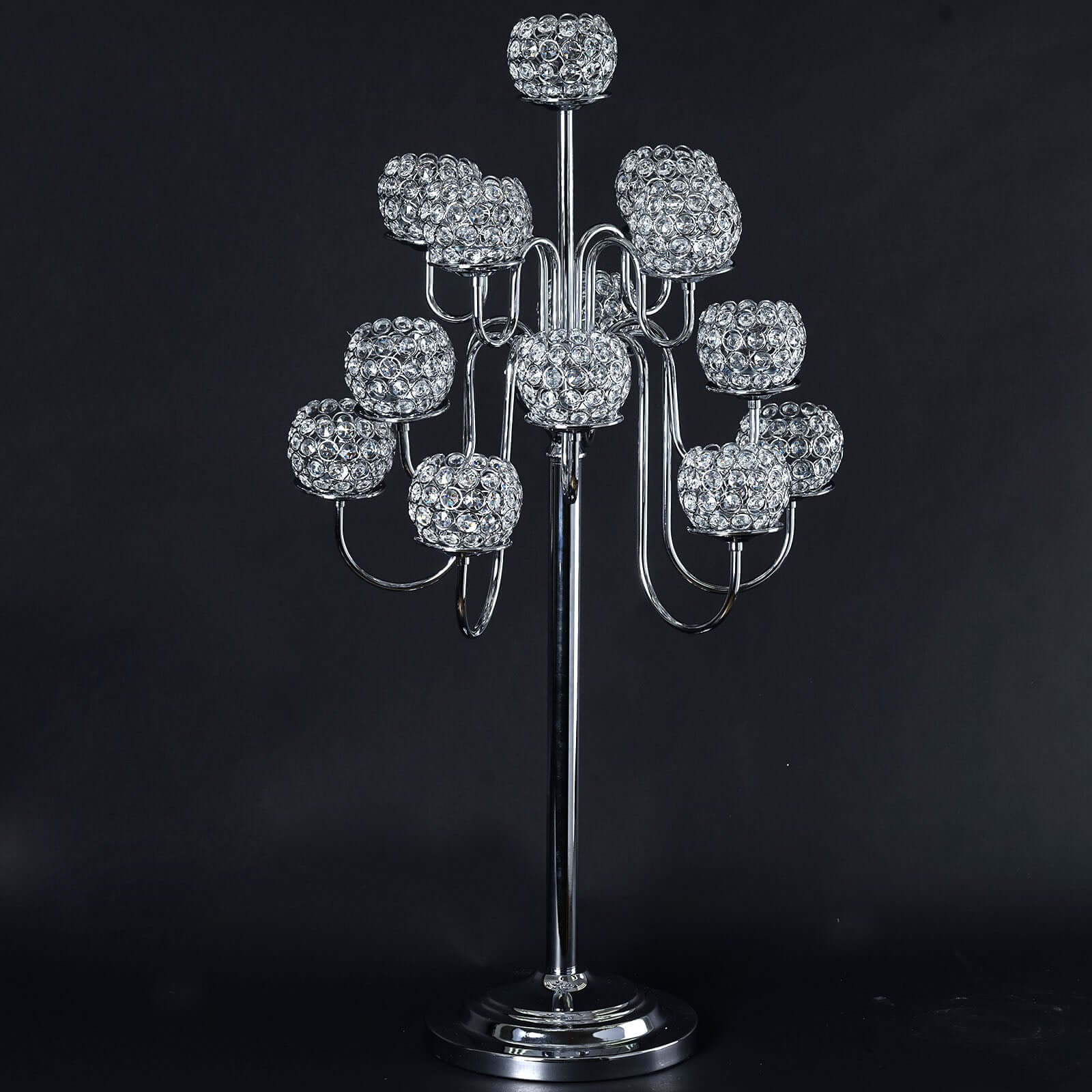 40” Tall 13 Arm Silver Metal Crystal Beaded Candelabra Candle Holders, Goblet Votive Candle Holders