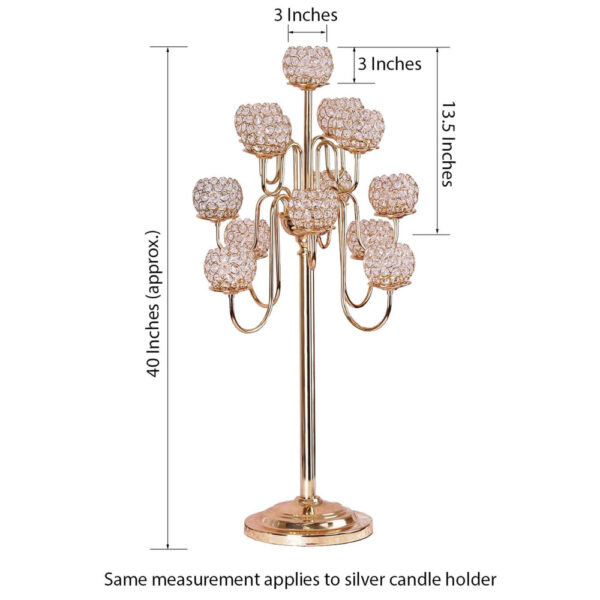 40” Tall 13 Arm Gold Metal Crystal Beaded Candelabra Candle Holders, Goblet Votive Candle Holders