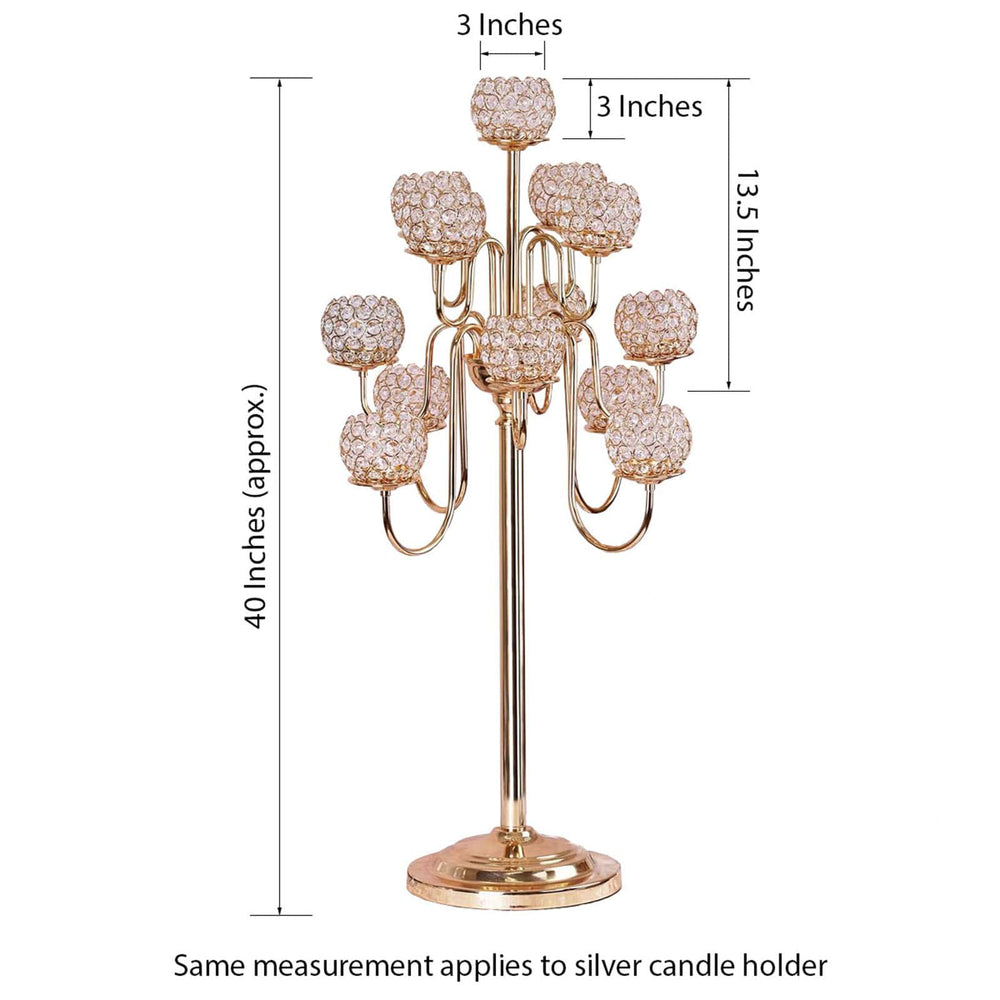 40” Tall 13 Arm Gold Metal Crystal Beaded Candelabra Candle Holders, Goblet Votive Candle Holders