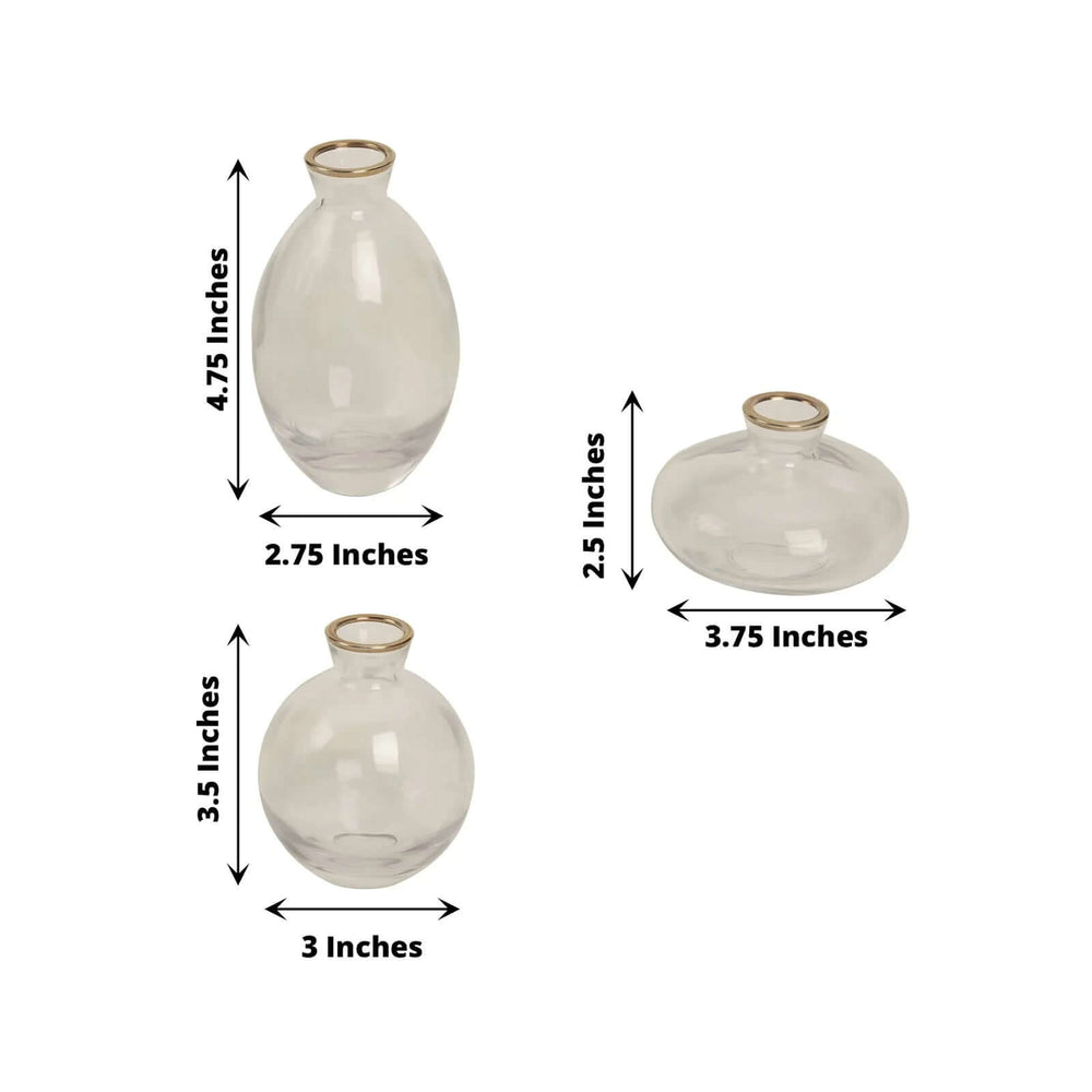 Set of 3 Clear Glass Bud Vases With Metallic Gold Rim, Modern Flower Vases – Assorted Sizes