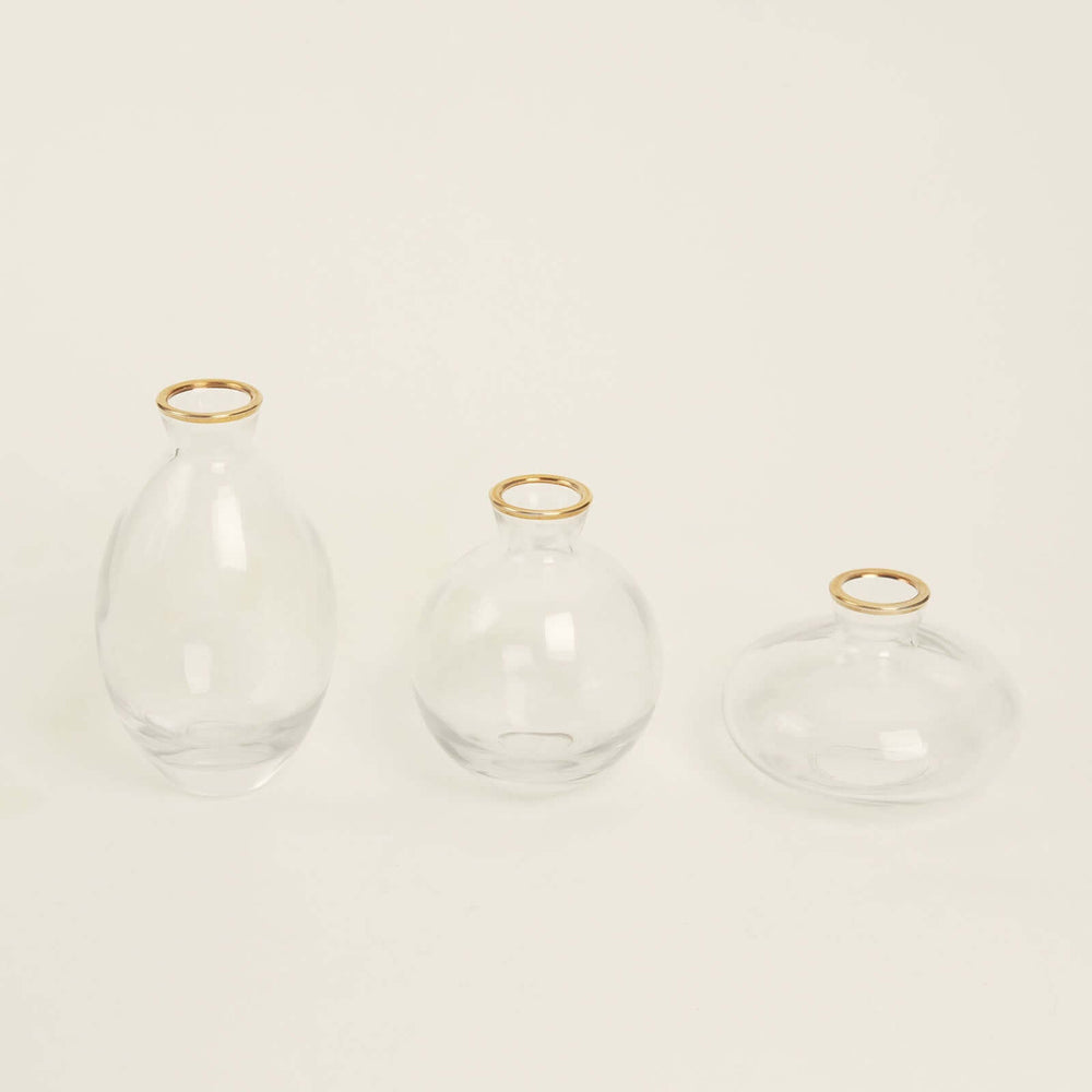 Set of 3 Clear Glass Bud Vases With Metallic Gold Rim, Modern Flower Vases – Assorted Sizes
