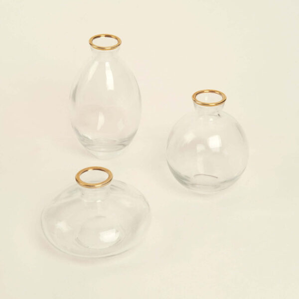 Set of 3 Clear Glass Bud Vases With Metallic Gold Rim, Modern Flower Vases – Assorted Sizes