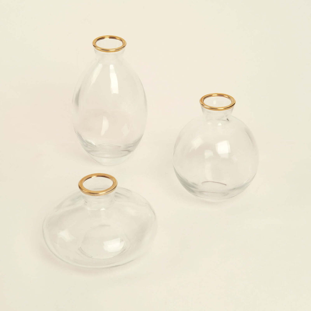 Set of 3 Clear Glass Bud Vases With Metallic Gold Rim, Modern Flower Vases – Assorted Sizes