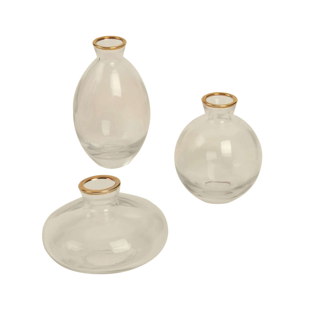 Set of 3 Clear Glass Bud Vases With Metallic Gold Rim, Modern Flower Vases – Assorted Sizes
