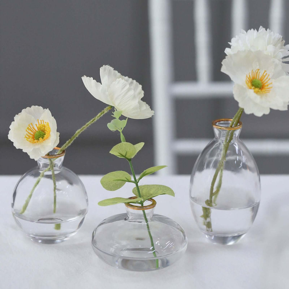 Set of 3 Clear Glass Bud Vases With Metallic Gold Rim, Modern Flower Vases – Assorted Sizes