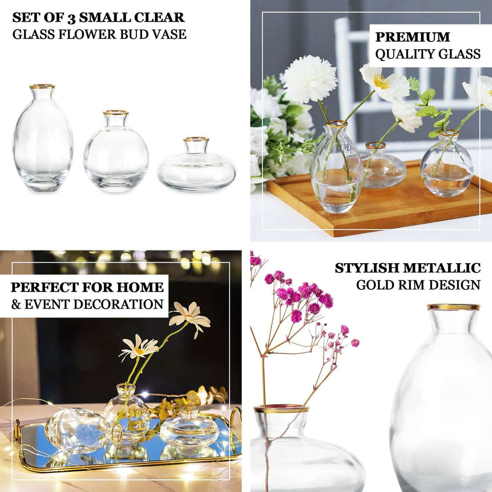 Set of 3 Clear Glass Bud Vases With Metallic Gold Rim, Modern Flower Vases – Assorted Sizes