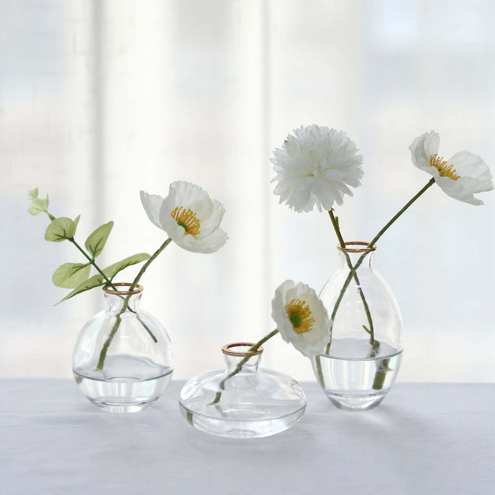 Set of 3 Clear Glass Bud Vases With Metallic Gold Rim, Modern Flower Vases – Assorted Sizes