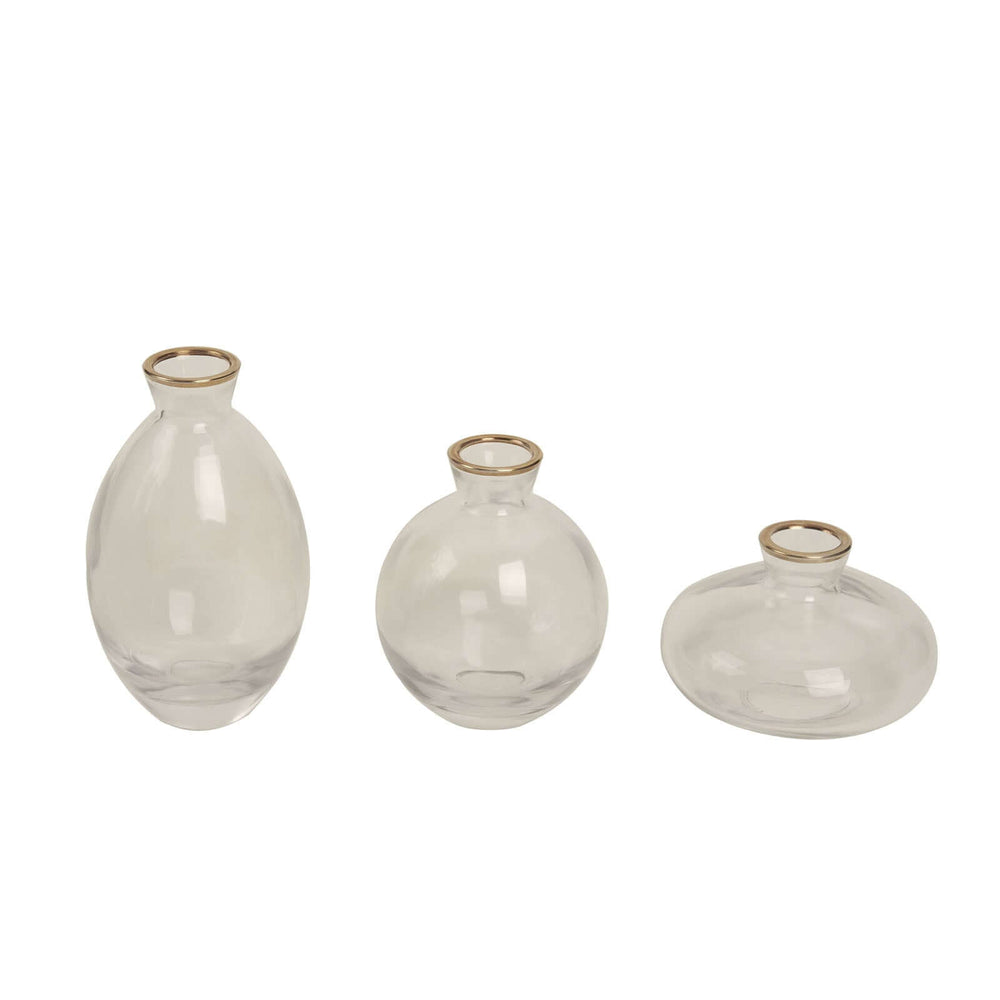 Set of 3 Clear Glass Bud Vases With Metallic Gold Rim, Modern Flower Vases – Assorted Sizes