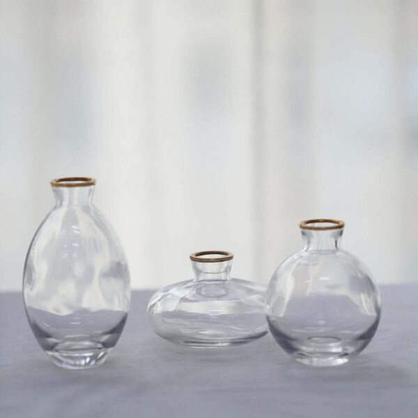 Set of 3 Clear Glass Bud Vases With Metallic Gold Rim, Modern Flower Vases – Assorted Sizes