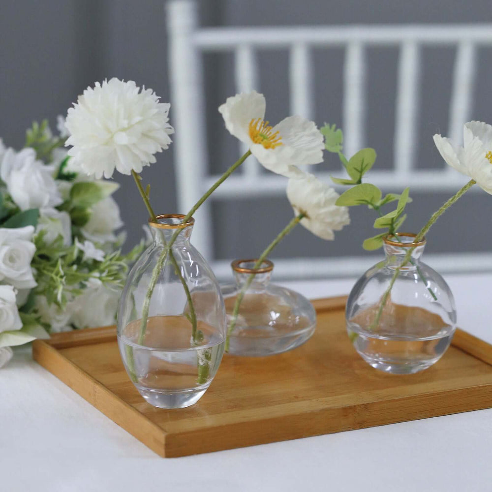 Set of 3 Clear Glass Bud Vases With Metallic Gold Rim, Modern Flower Vases – Assorted Sizes