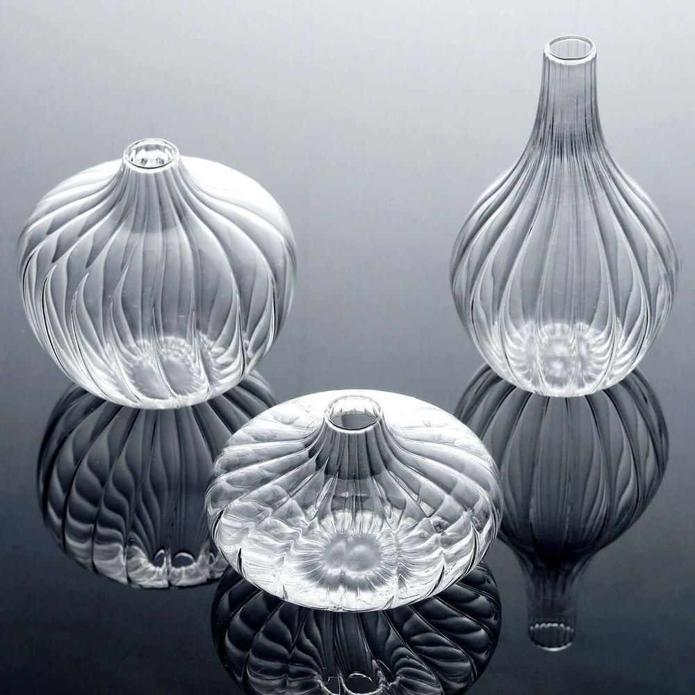 Set of 3 Clear Ribbed Design Glass Flower Bud Vases – Assorted Sizes