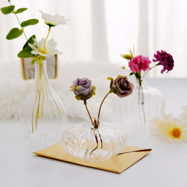 Set of 3 Clear Ribbed Design Glass Flower Bud Vases – Assorted Sizes