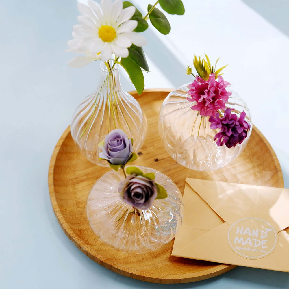 Set of 3 Clear Ribbed Design Glass Flower Bud Vases – Assorted Sizes