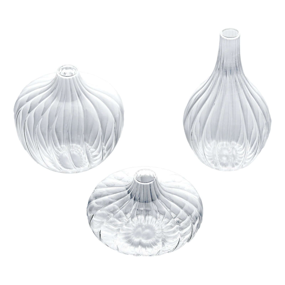 Set of 3 Clear Ribbed Design Glass Flower Bud Vases – Assorted Sizes