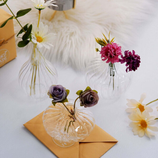 Set of 3 Clear Ribbed Design Glass Flower Bud Vases – Assorted Sizes