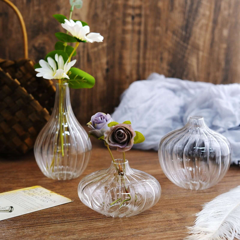 Set of 3 Clear Ribbed Design Glass Flower Bud Vases – Assorted Sizes