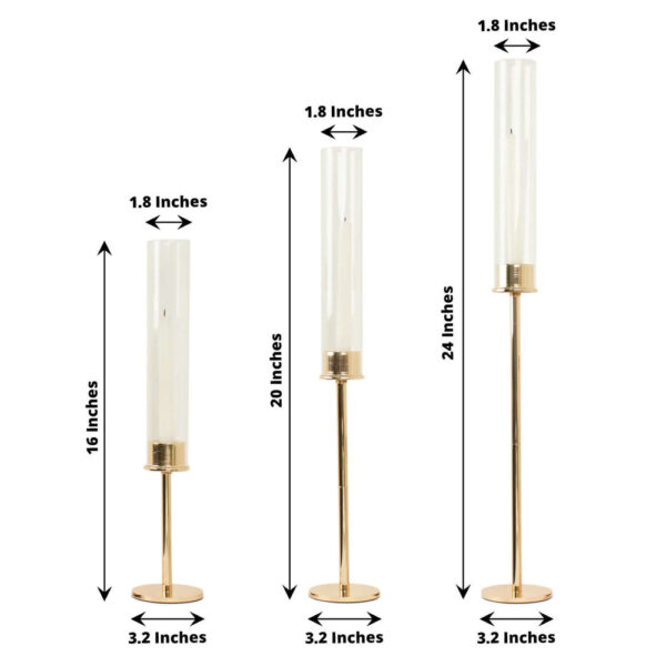 Set of 3 Tall Gold Metal Clear Glass Taper Candlestick Holders, Hurricane Candle Stands With Glass Chimney Candle Shades 16″, 20″, 24″