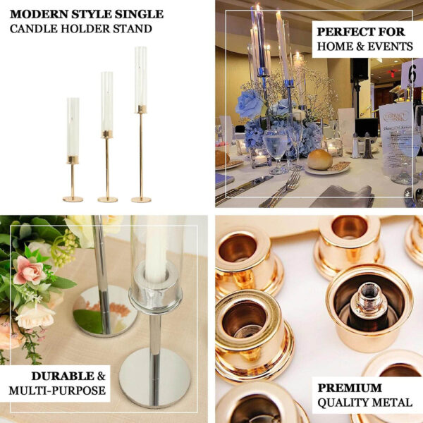 Set of 3 Tall Gold Metal Clear Glass Taper Candlestick Holders, Hurricane Candle Stands With Glass Chimney Candle Shades 16″, 20″, 24″