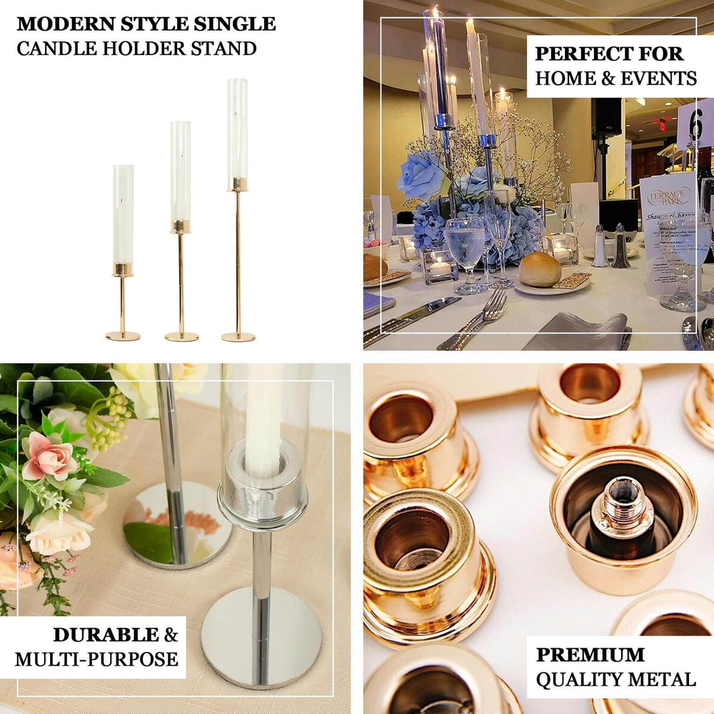 Set of 3 Tall Gold Metal Clear Glass Taper Candlestick Holders, Hurricane Candle Stands With Glass Chimney Candle Shades 16″, 20″, 24″