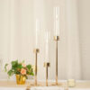 Set of 3 Tall Gold Metal Clear Glass Taper Candlestick Holders, Hurricane Candle Stands With Glass Chimney Candle Shades 16″, 20″, 24″