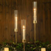 Set of 3 Tall Gold Metal Clear Glass Taper Candlestick Holders, Hurricane Candle Stands With Glass Chimney Candle Shades 16″, 20″, 24″