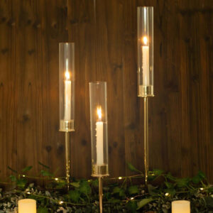 Set of 3 Tall Gold Metal Clear Glass Taper Candlestick Holders, Hurricane Candle Stands With Glass Chimney Candle Shades 16″, 20″, 24″