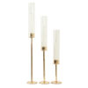 Set of 3 Tall Gold Metal Clear Glass Taper Candlestick Holders, Hurricane Candle Stands With Glass Chimney Candle Shades 16″, 20″, 24″