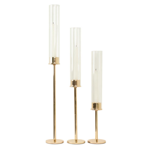 Set of 3 Tall Gold Metal Clear Glass Taper Candlestick Holders, Hurricane Candle Stands With Glass Chimney Candle Shades 16″, 20″, 24″