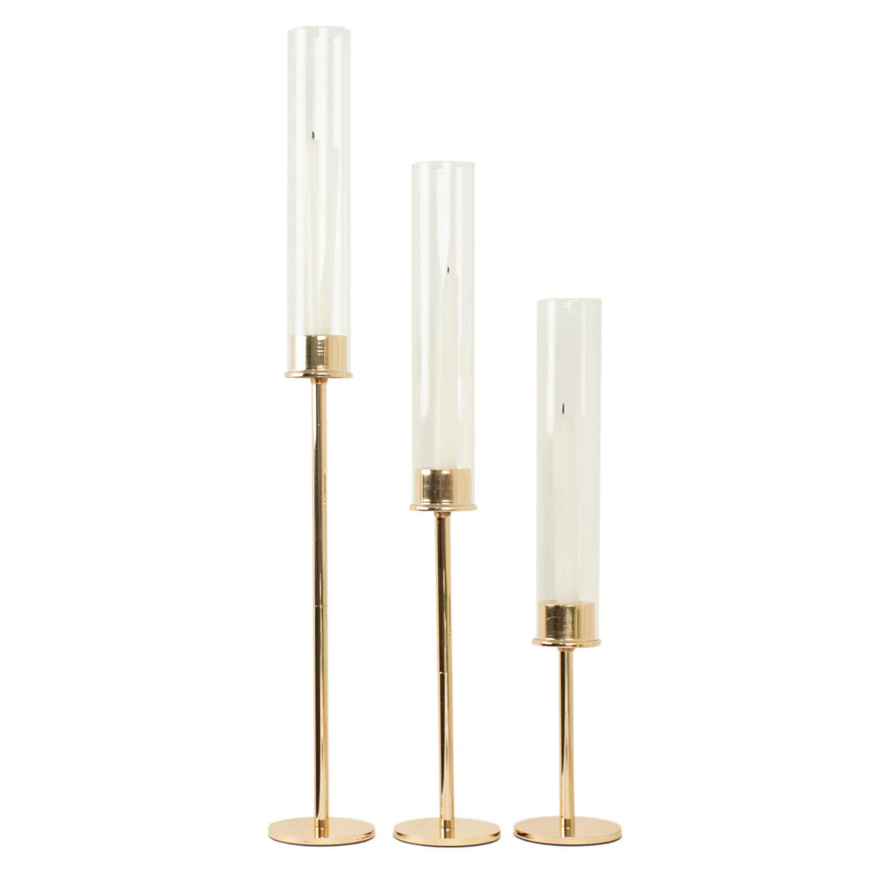 Set of 3 Tall Gold Metal Clear Glass Taper Candlestick Holders, Hurricane Candle Stands With Glass Chimney Candle Shades 16″, 20″, 24″