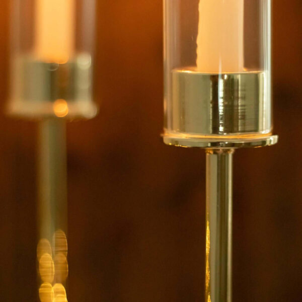 Set of 3 Tall Gold Metal Clear Glass Taper Candlestick Holders, Hurricane Candle Stands With Glass Chimney Candle Shades 16″, 20″, 24″