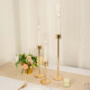 Set of 3 Tall Gold Metal Clear Glass Taper Candlestick Holders, Hurricane Candle Stands With Glass Chimney Candle Shades 16″, 20″, 24″