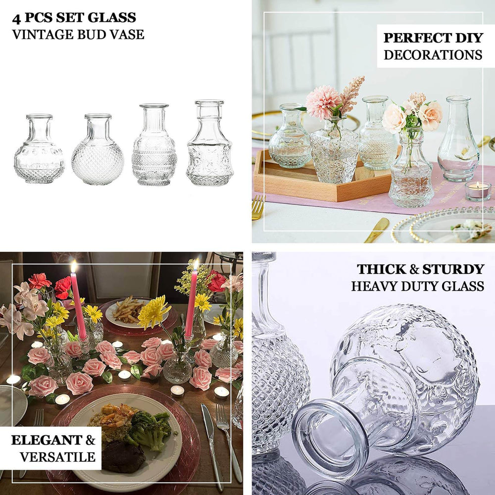 Set of 4 Clear Glass Antique Vintage Mini Bud Flower Vases