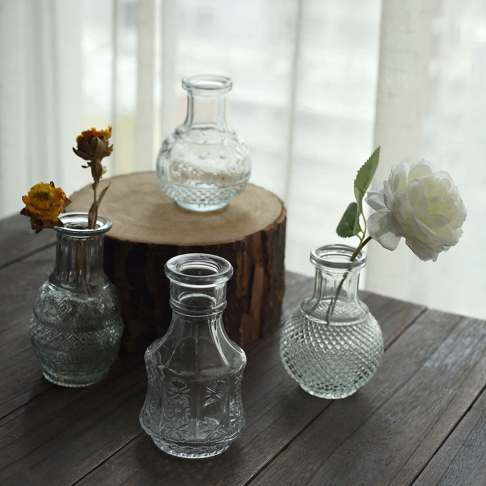 Set of 4 Clear Glass Antique Vintage Mini Bud Flower Vases