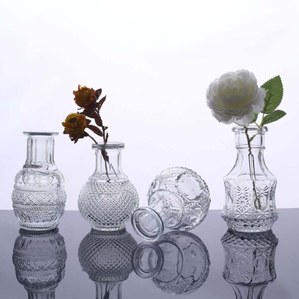 Set of 4 Clear Glass Antique Vintage Mini Bud Flower Vases