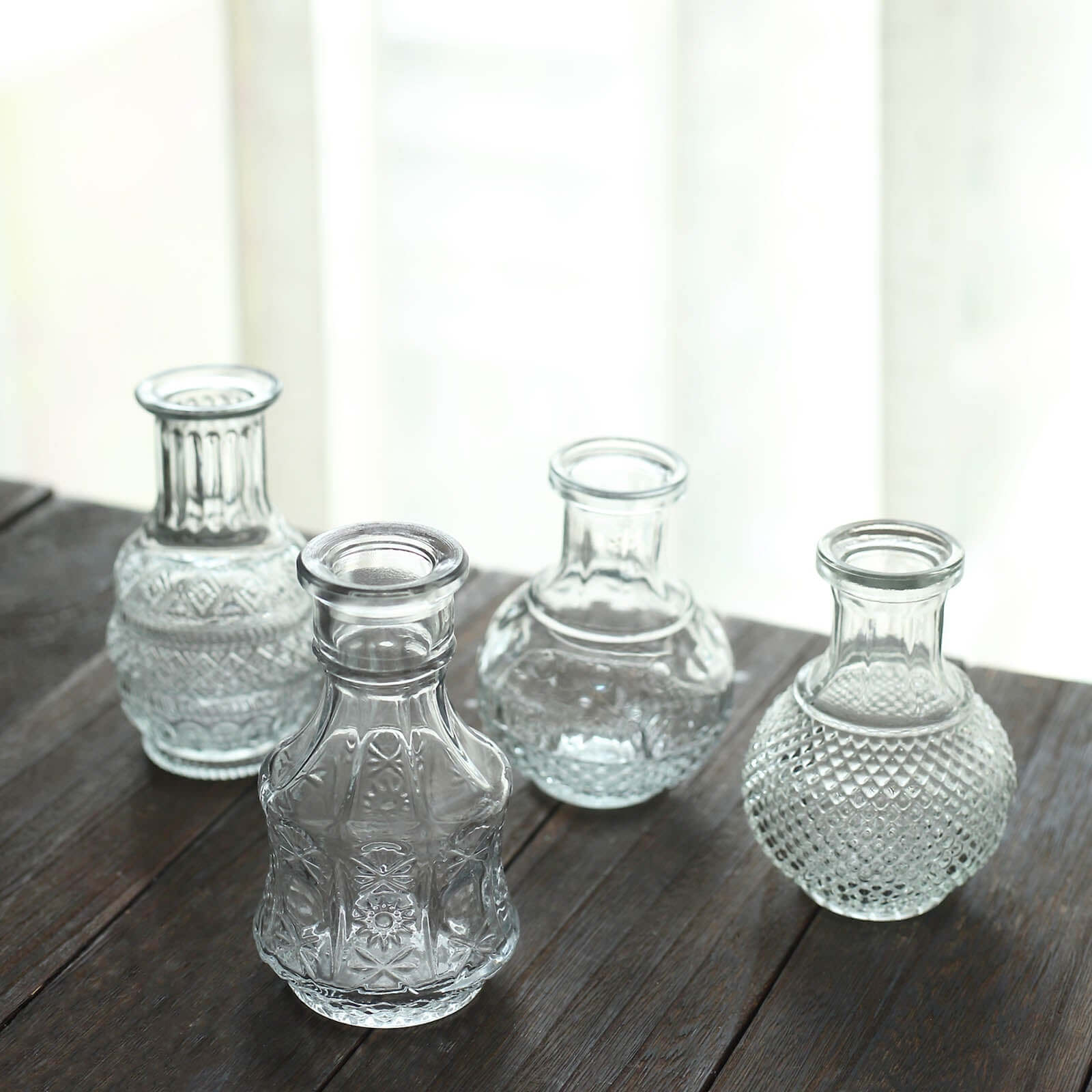 Set of 4 Clear Glass Antique Vintage Mini Bud Flower Vases