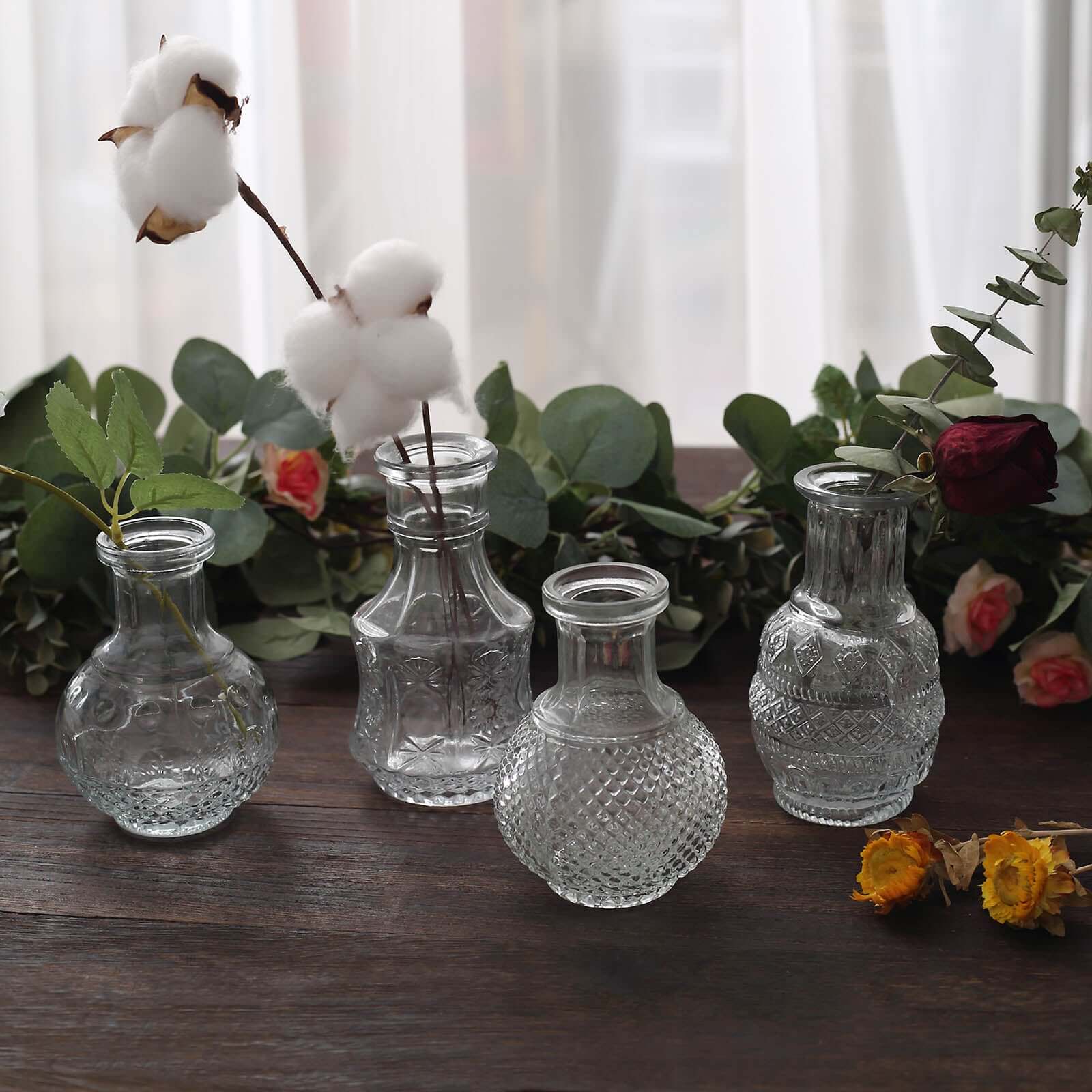 Set of 4 Clear Glass Antique Vintage Mini Bud Flower Vases