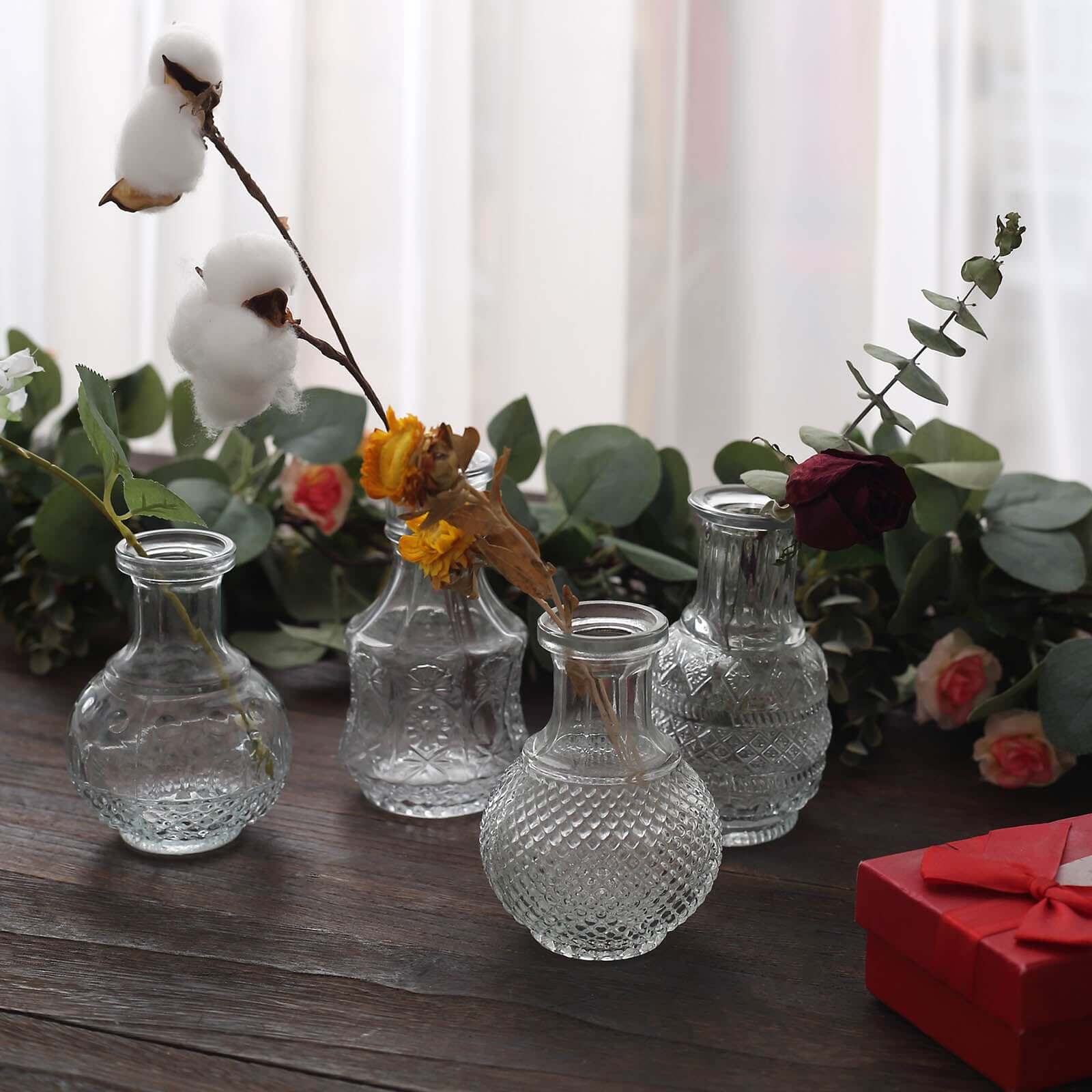 Set of 4 Clear Glass Antique Vintage Mini Bud Flower Vases
