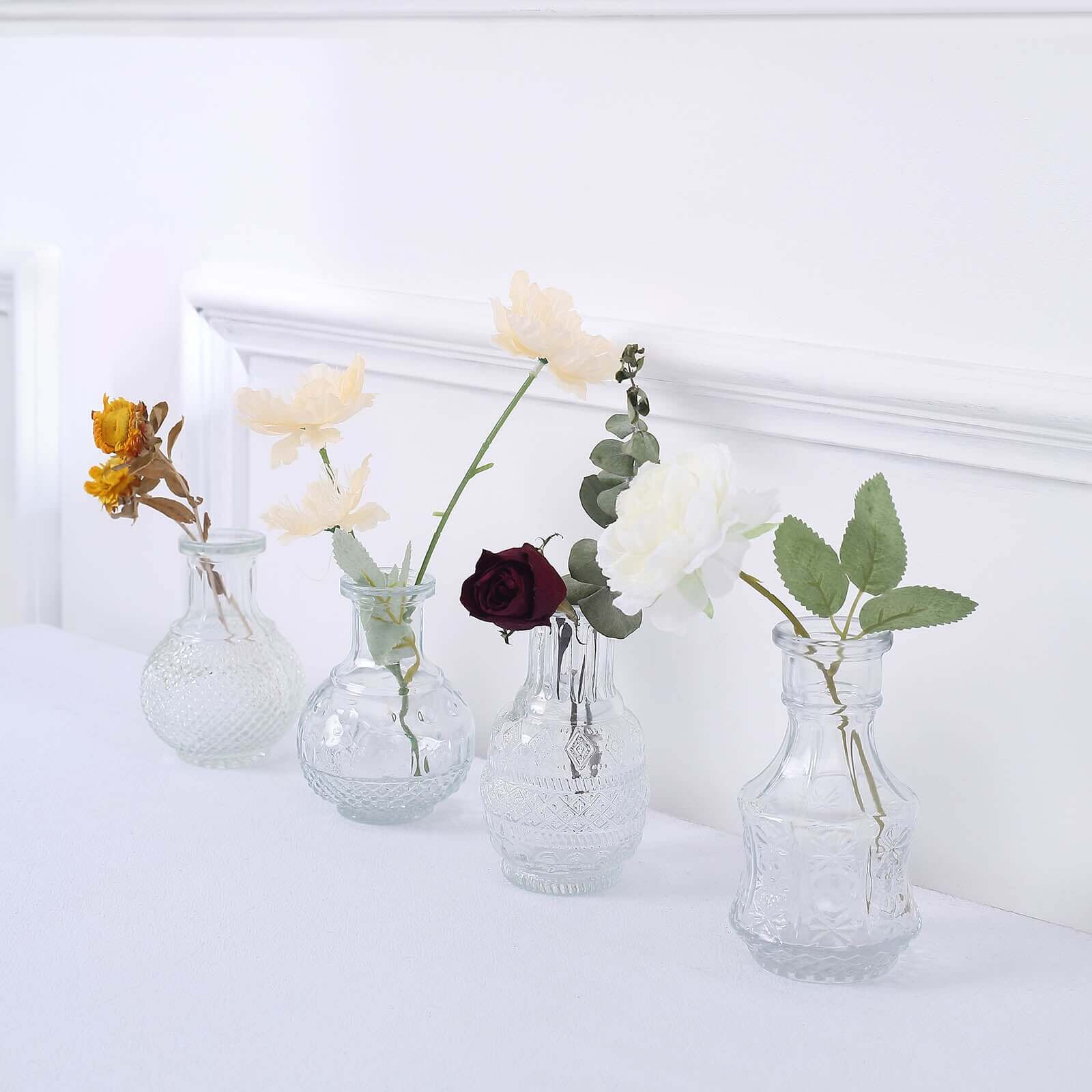 Set of 4 Clear Glass Antique Vintage Mini Bud Flower Vases