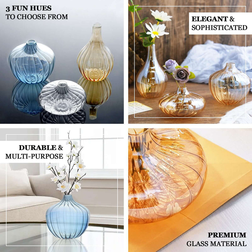 Set of 3 Clear Ribbed Design Glass Flower Bud Vases – Assorted Sizes
