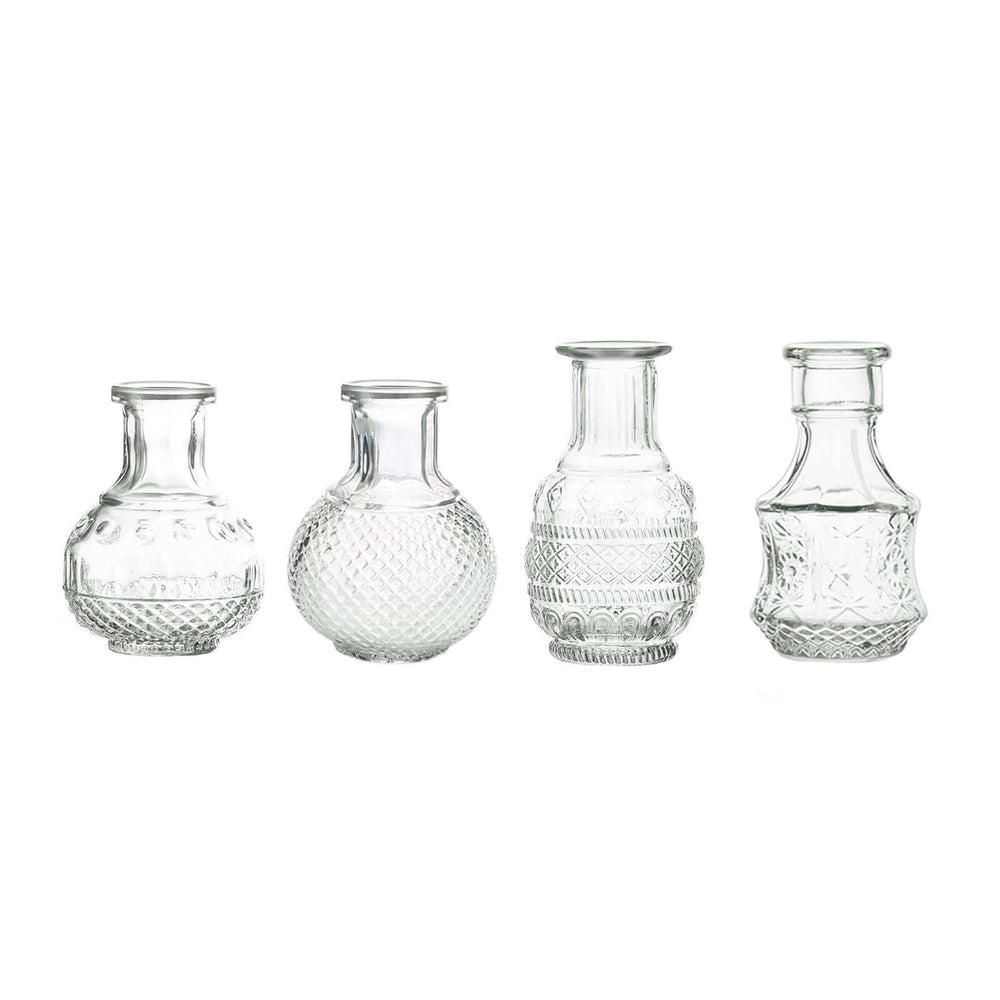Set of 4 Clear Glass Antique Vintage Mini Bud Flower Vases