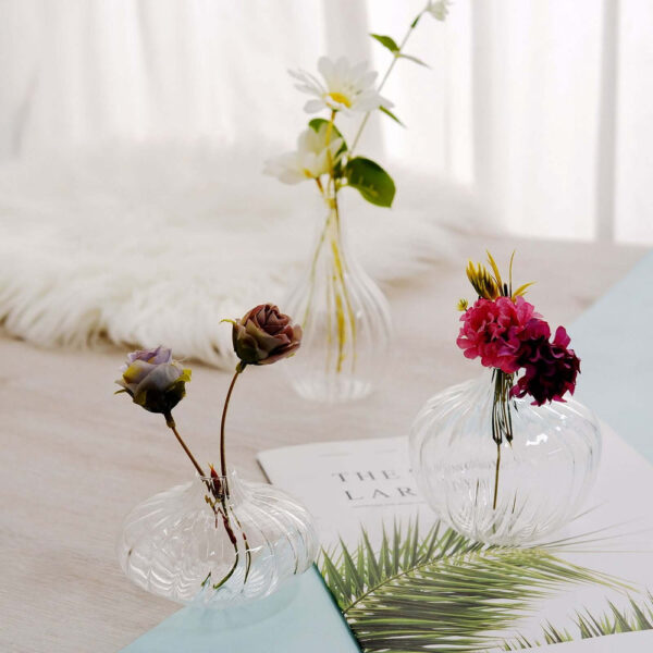 Set of 3 Clear Ribbed Design Glass Flower Bud Vases – Assorted Sizes